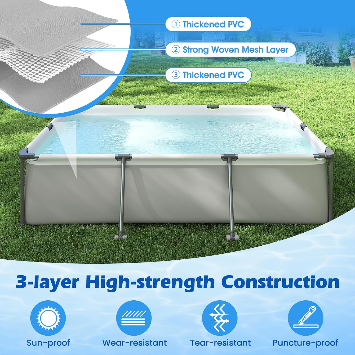 GYMAX 10' x 6.8' x 26' Metal Frame Above Ground Swimming Pool, Outdoor Backyard Famliy Pool w/Puncture-Resistant Fabric, Drainage Valve Connector for Kids & Adults (10' x 6.8' x 26', Rectangle, Grey)