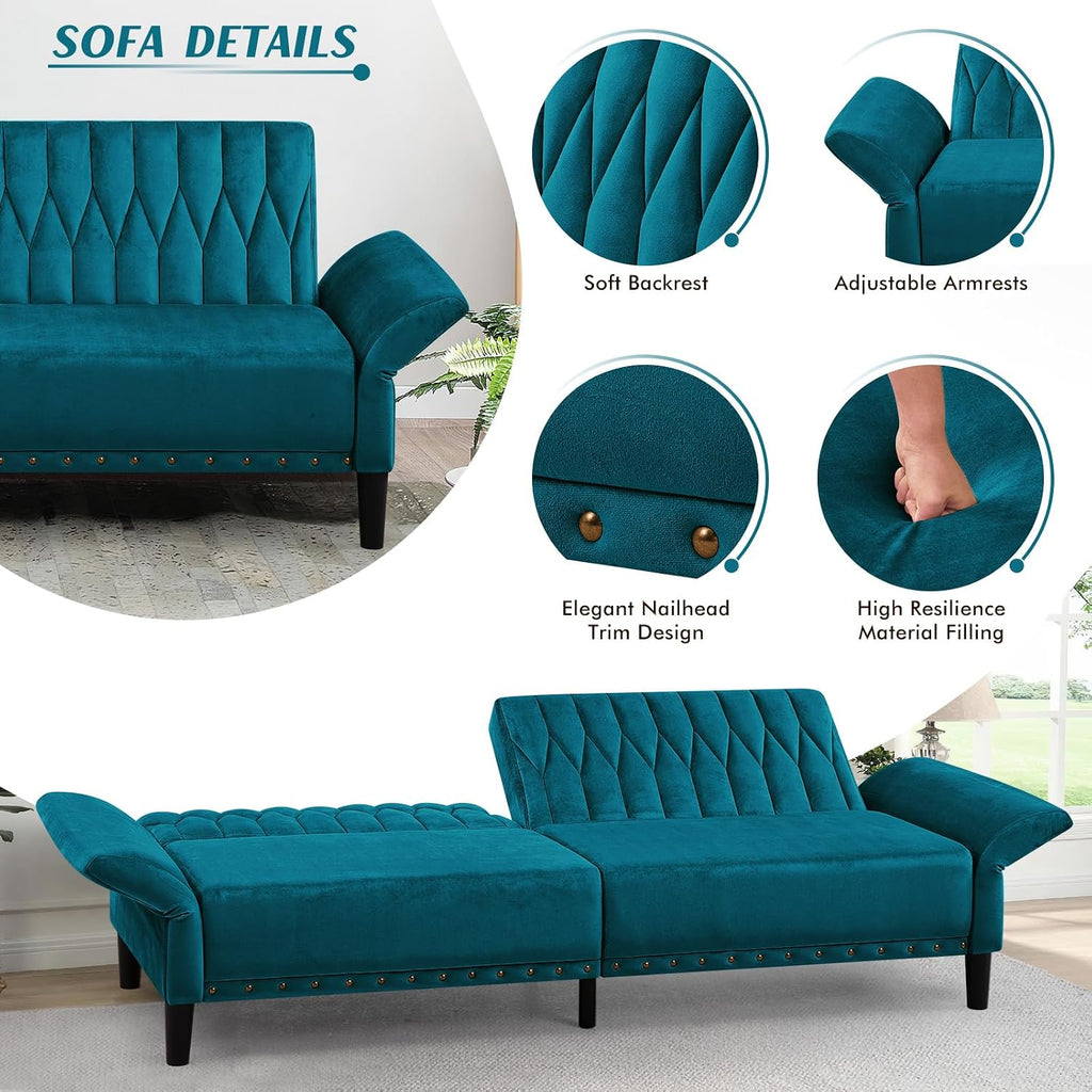 77 Inches Velvet Tufted Sofa Bed w/Adjustable Backrests & Armrests, Convertible Sleeper Sofa w/Nailhead Trim, Modern Loveseat Couch with Sturdy Legs for Living Room,Office,Teal