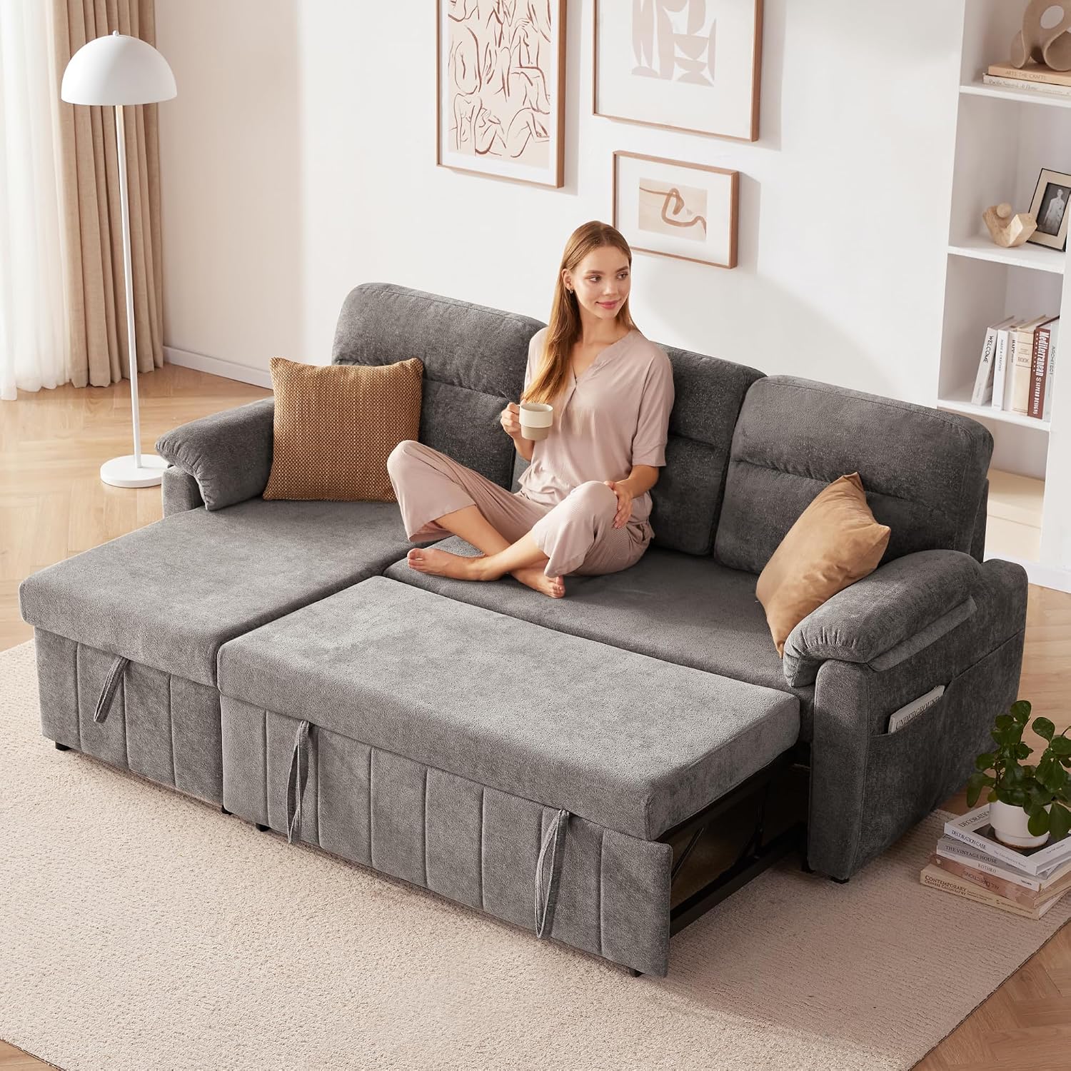 Tbfit 84'' Sleeper Sofa Bed, 3 in 1 Cloud Pull Out Sofa Couch with USB & Storage Chaise, Chenille Convertible Sofa Bed with Pull Out Bed, Couches for Living Room, Apartment, Office, Light Grey