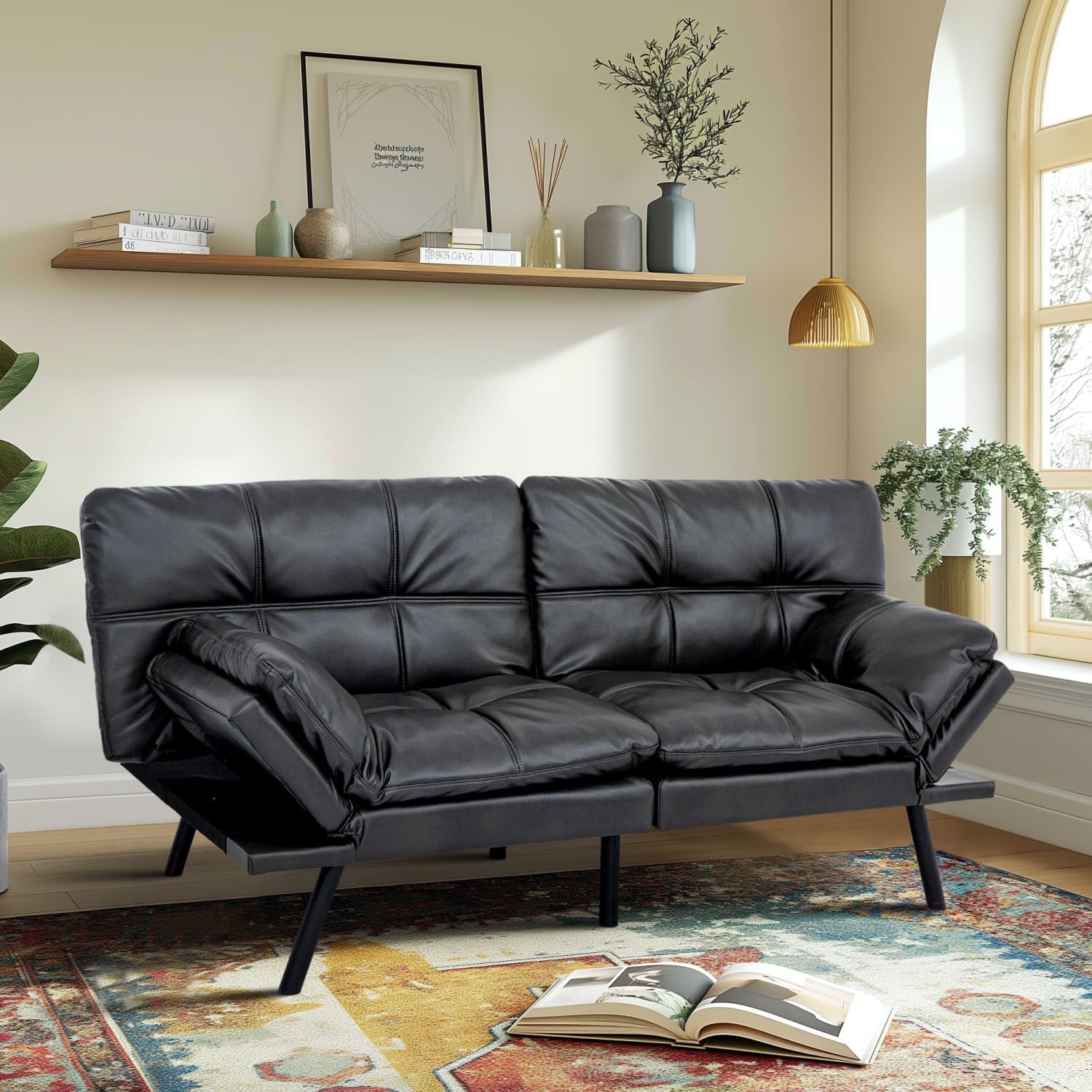 Convertible Memory Foam Sofa Bed with Adjustable Backrest & Armrest, Modern Futon Couch for Living Room, Office, Apartment, Space-Saving Design, Easy Assembly,Matte Black