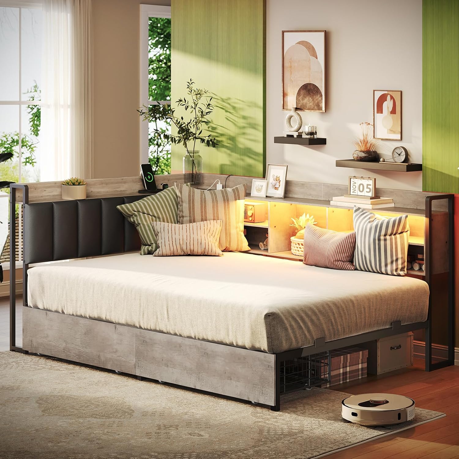 RALGEND Corner Bed Frame with Bookcase Storage and PU Upholstered, Twin Daybed with 2 Drawers and Charging Station, Metal Platform Bed Fram for Living Room, Bedroom, Guest Room, Gray and Black