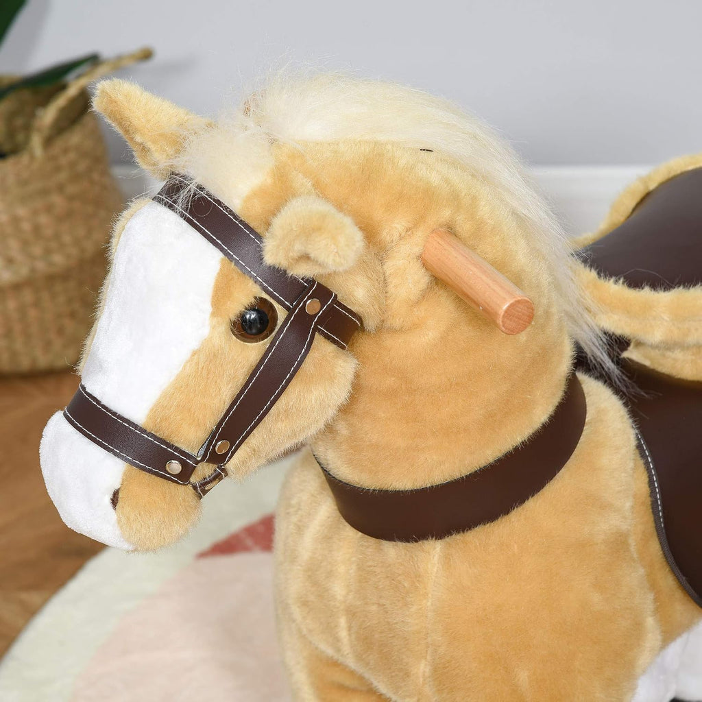 Qaba Ride on Horse, Plush Walking Horse Toy, Kids Riding Chair with Wheels for Kids 3-8 Years, Light Brown