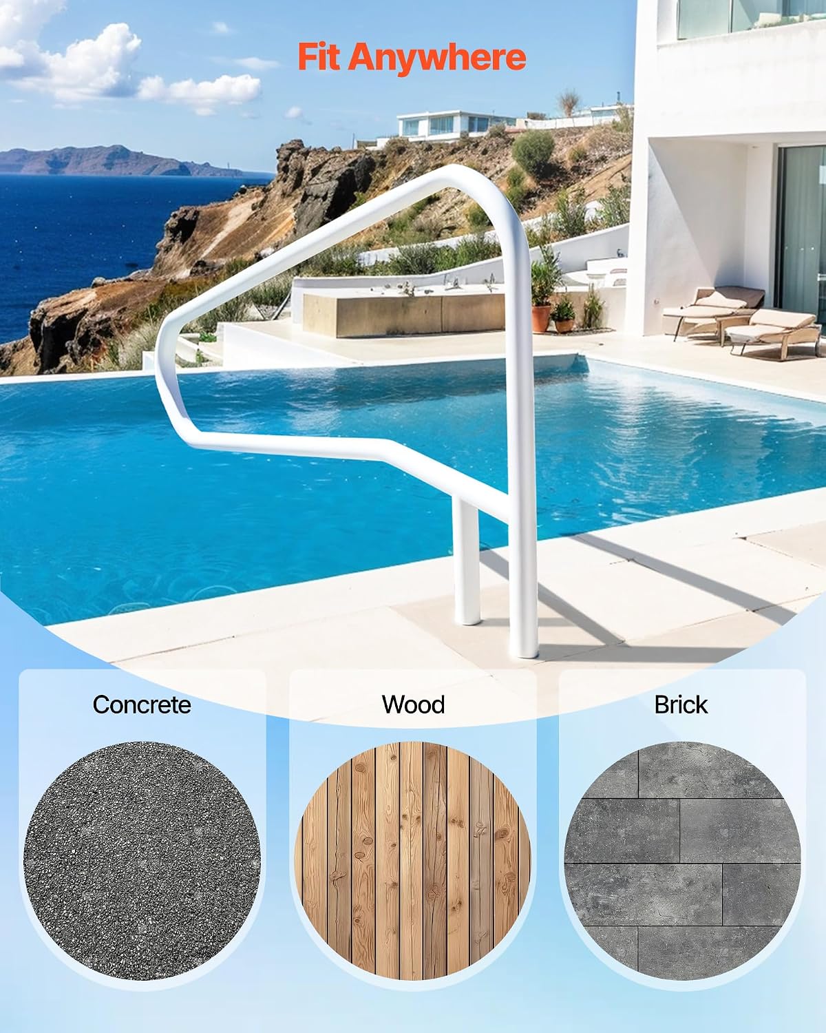 VEVOR Pool Rail, 54 x 32 inch Pool Handrail, 220 lbs Load Capacity Heavy Duty Stainless Steel Swimming Handrail, Seamless Welding, Recessed or Base Mount, for Poolside, Water Parks, Spa Centers