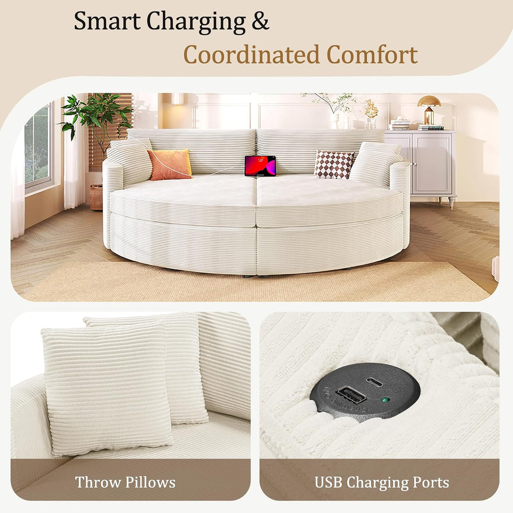 Merax 102.3' Oversized Double Chaise Lounge Indoor, Comfy Corduroy Upholstered Loveseat Sleeper Sofa Bed, Deep Seat Cloud Couch with USB Ports and Throw Pillows for Living Room, Beige