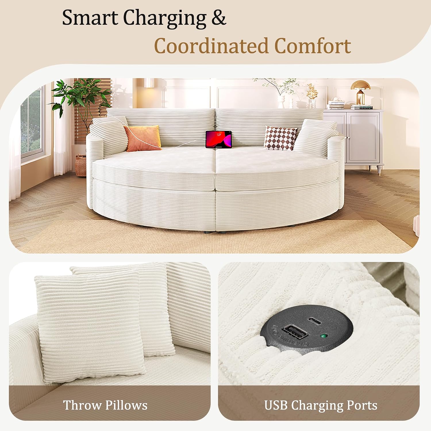 Merax 102.3' Oversized Double Chaise Lounge Indoor, Comfy Corduroy Upholstered Loveseat Sleeper Sofa Bed, Deep Seat Cloud Couch with USB Ports and Throw Pillows for Living Room, Beige