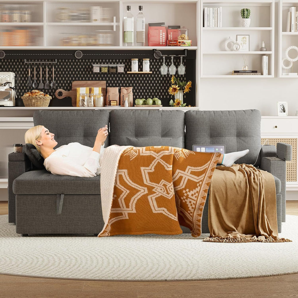 Reversible Sectional Sofa Couch, 85' L-Shaped Sleeper Sofa Bed with Pull Out Bed, Storage Chaise, USB Type-C Ports, Removable Backrest, Cup Holder, Modern Convertible Couch for Living Room, Grey