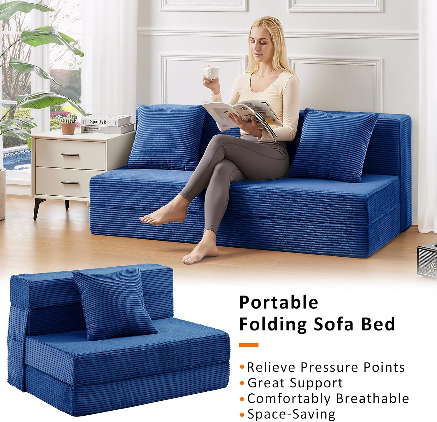 JKMAX Twin Size Folding Sofa Bed - 4 in 1 Convertible Sleeper Chair with Pillow - High Density Memory Foam Futon Couch - Foldable Bed for Living Room Bedroom (Blue)