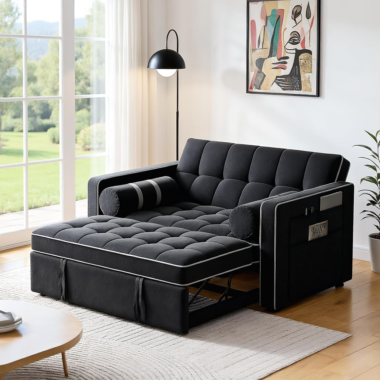 Pipishell 3 in 1 Sleeper Sofa Bed, Pull Out Couch for Living Room with USB Ports & Side Pockets, Adjustable Backrest, Convertible Loveseat Sofa Bed, Futon Couches, Charcoal Black Velvet