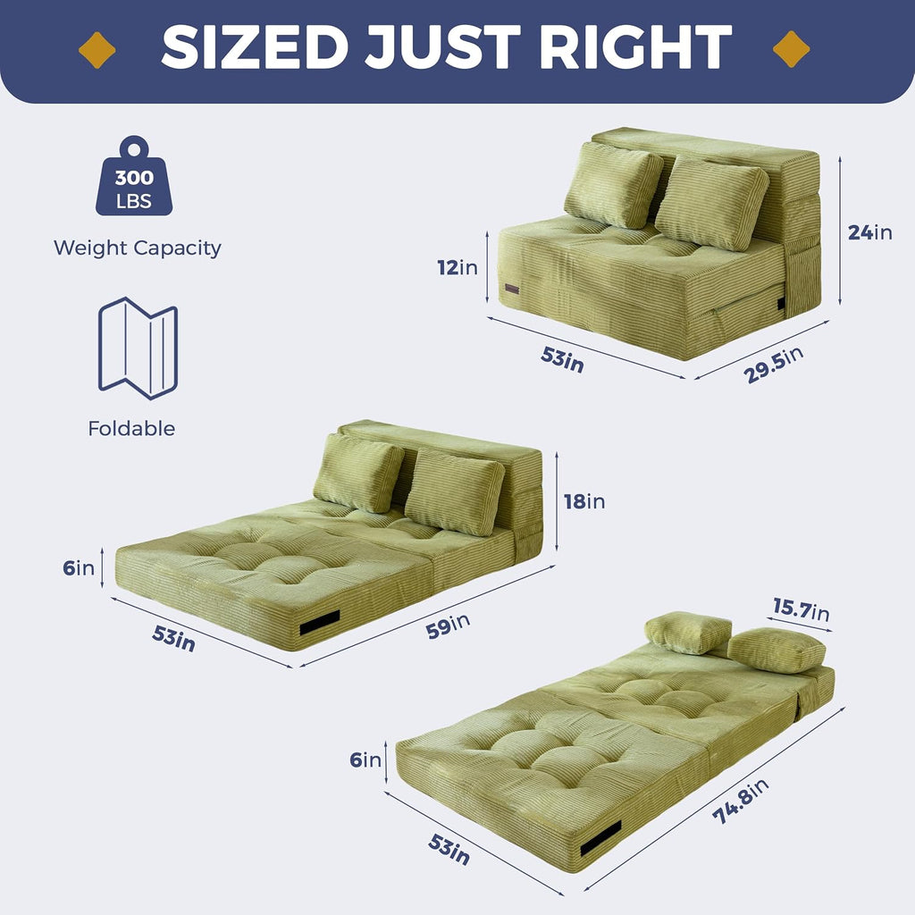 MAXYOYO Convertible Sofa Bed, Fold Out Sleeper Sofa with Pillow, 4 in 1 Tufted Folding Couch Bed Foam Floor Couch, Lazy Chair for Living Room Bedroom Guest Room, Green