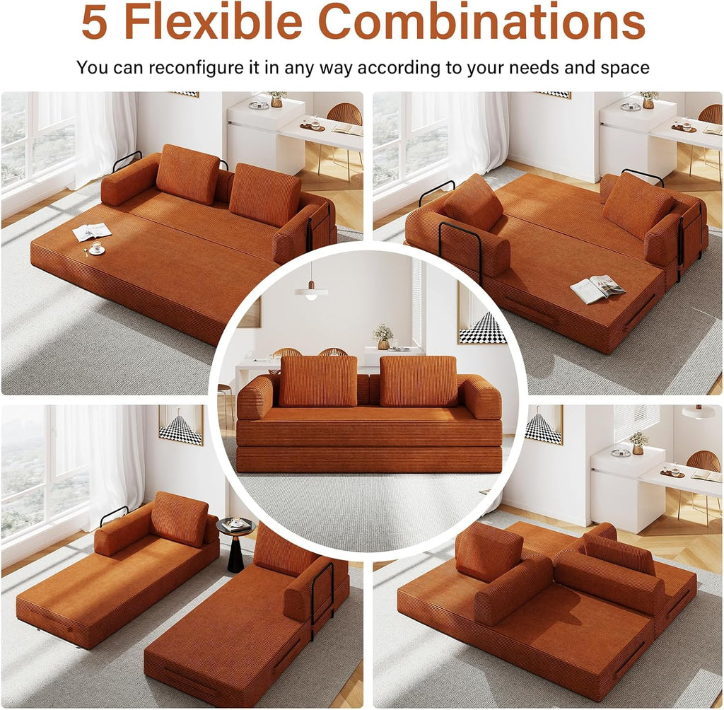 78'' Sleeper Couch Bed for Living Room, Convertible Modular Sofa with Fixed Frame and Side Pocket, Corduroy Futon Boneless Couches in a Box, No Assembly, Orange