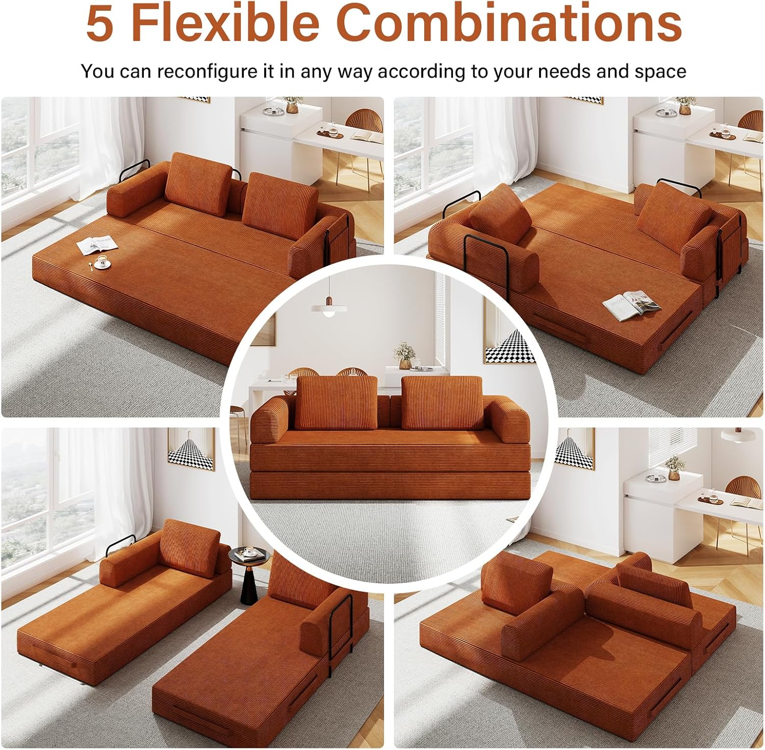 78'' Sleeper Couch Bed for Living Room, Convertible Modular Sofa with Fixed Frame and Side Pocket, Corduroy Futon Boneless Couches in a Box, No Assembly, Orange