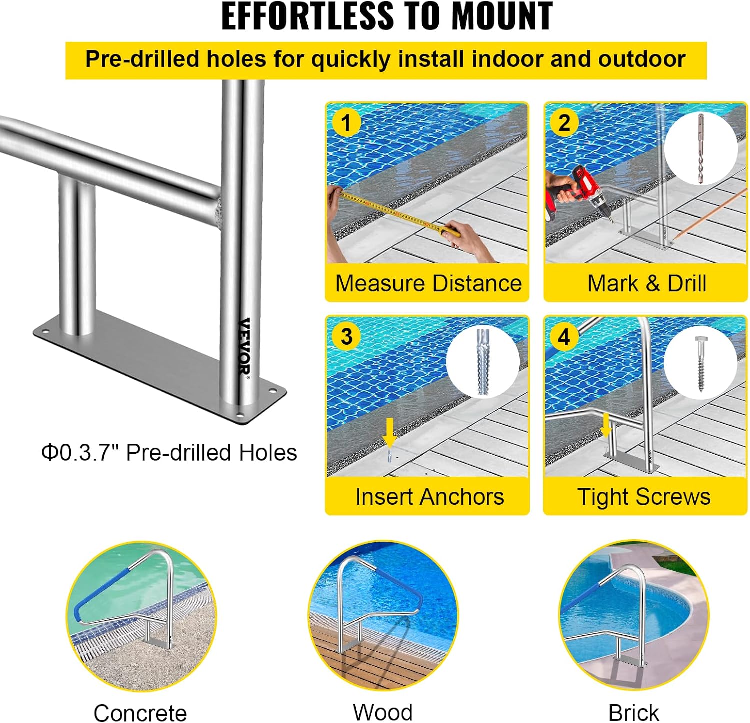 VEVOR Pool Rail 55x32 Pool Railing 304 Stainless Steel 250LBS Load Capacity Silver Rustproof Pool Handrail Humanized Swimming Pool Handrail with Blue Grip Cover & M8 Drill Bit & Self-Taping Screws