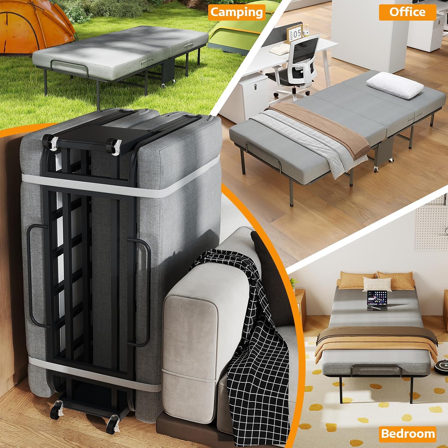SADENICEL Folding Bed with Mattress for Adults, Twin Size, Portable Foldable Roll Away Bed on Wheels, Memory Foam Mattress and Super Strong Frame, Space Saving Fold Up for Easy Storage, 75' x 38'