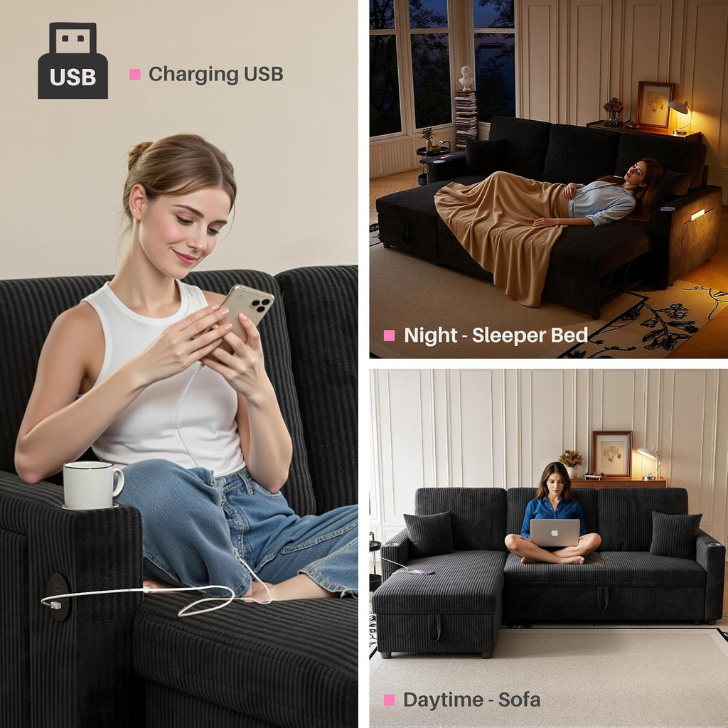 Sleeper Sectional Sofa, 83' Convertible Sofa Bed with Pull Out Couches, Small Desktop, L Shaped Couch with Reversible Chaise, Cup Holders, USB, Modern Corduroy Sofas for Living Room Apartment, Black
