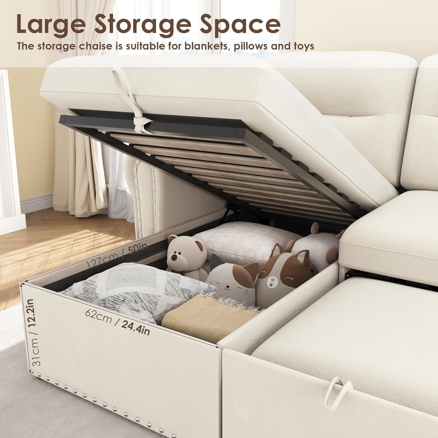 Sleeper Sofa Bed, 83'' Pull Out Couch Bed with Reversible Storage Chaise & Nailhead Armrest, Sectional Couches for Living Room, Side Pocket & Charging Station, Removable Backrest, Velvet Fabric, Beige