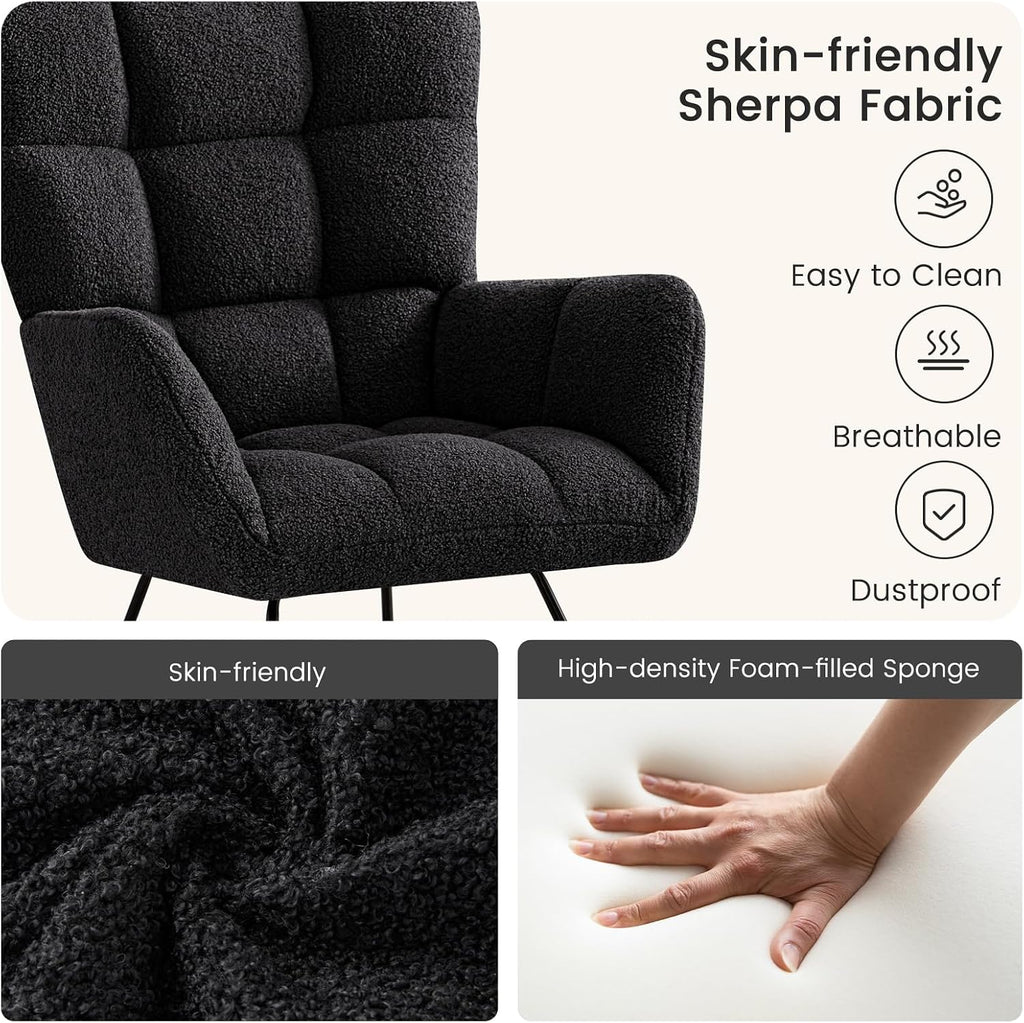 Furniliving Nursery Rocking Chair Upholstered Glider Rocking Chair Modern Accent Chair Padded Seat Reading Chair with High Backrest Comfy Chair for Living Room, Bedroom, Nursery, Black, Teddy