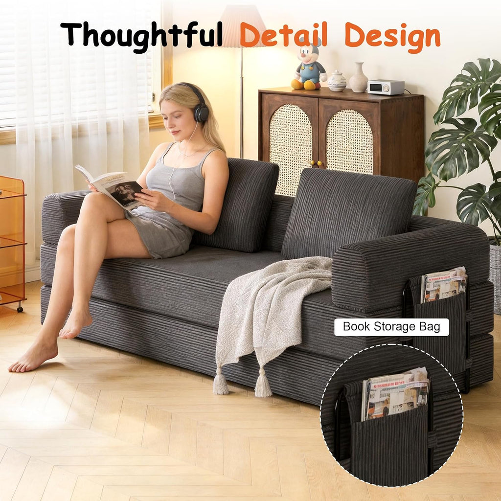 78' Convertible Sofa Bed, 5-in-1 Boneless Sleeper Sofa with with Fixed Frame & Pocket, Corduroy Pull Out Couch with 2 Pillows, Couch Bed for Living Room, Small Spaces, Bedroom, No Assembly