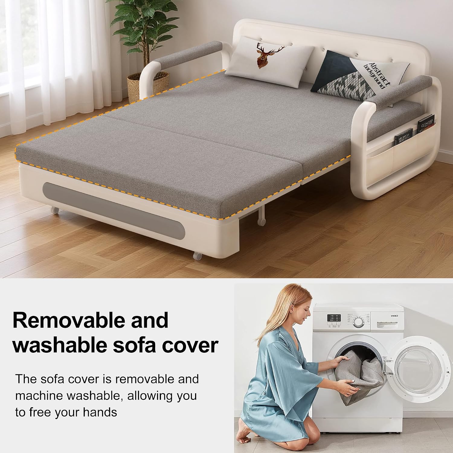 62' Versatile Pull-Out Sofa Bed – Modern Versatile Futon Sleeper Couch, Daybed with Trundle, Perfect for Living Room & RV, Gray/White