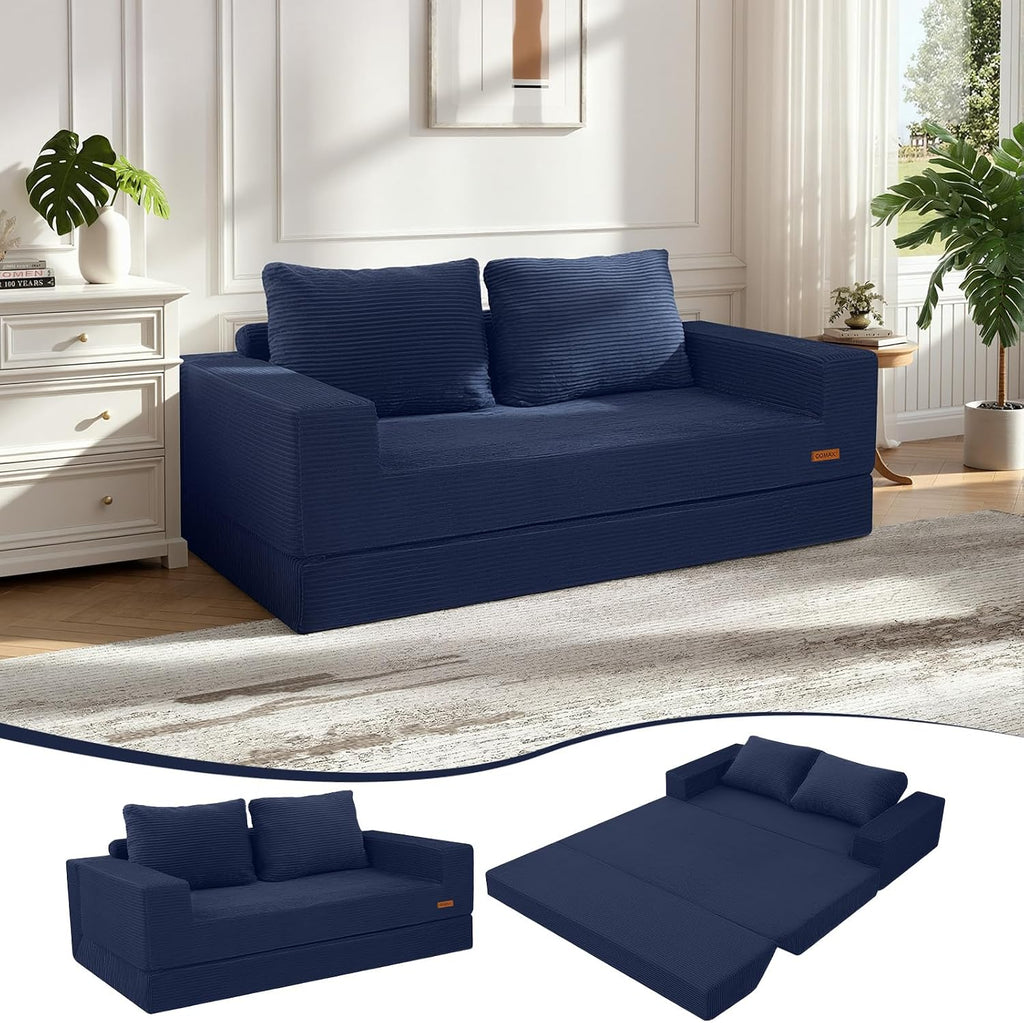 COMAX Convertible Sofa Bed Queen, Corduroy Folding Floor Couch Pull Out Couch Bed Futon Sleeper with Pillows, Fold Out Boneless Sofa Comfy Lounge Mattress Loveseat for Living Room Bedroom, Navy