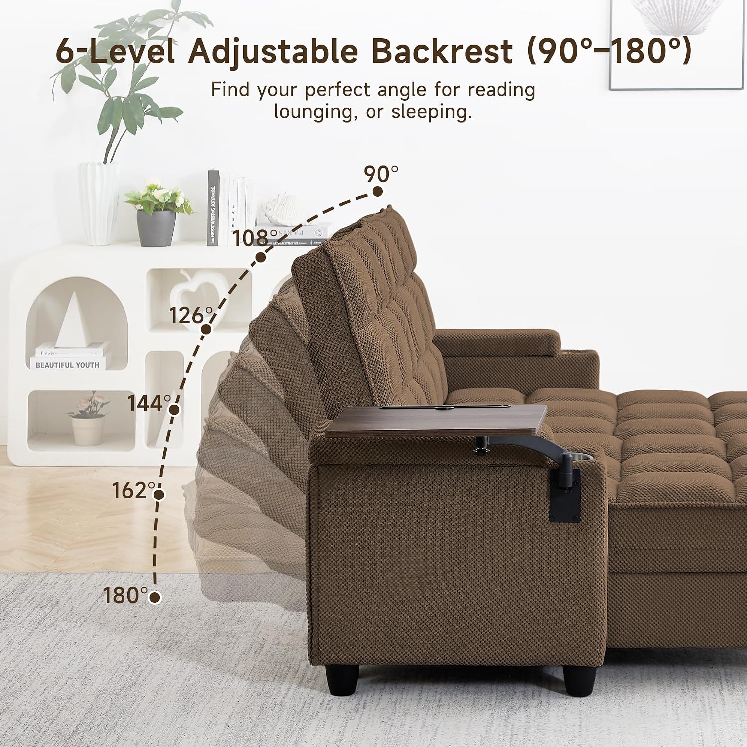 oaaktu 70.9'' Double Chaise Lounge with 360 Degree rotatable Side Table, Comfy Corduroy Indoor Lounge Chair with Armrest Storage, Cup Holder, USB Port, and Pillow for Living Room or Bedroom (Coffee)