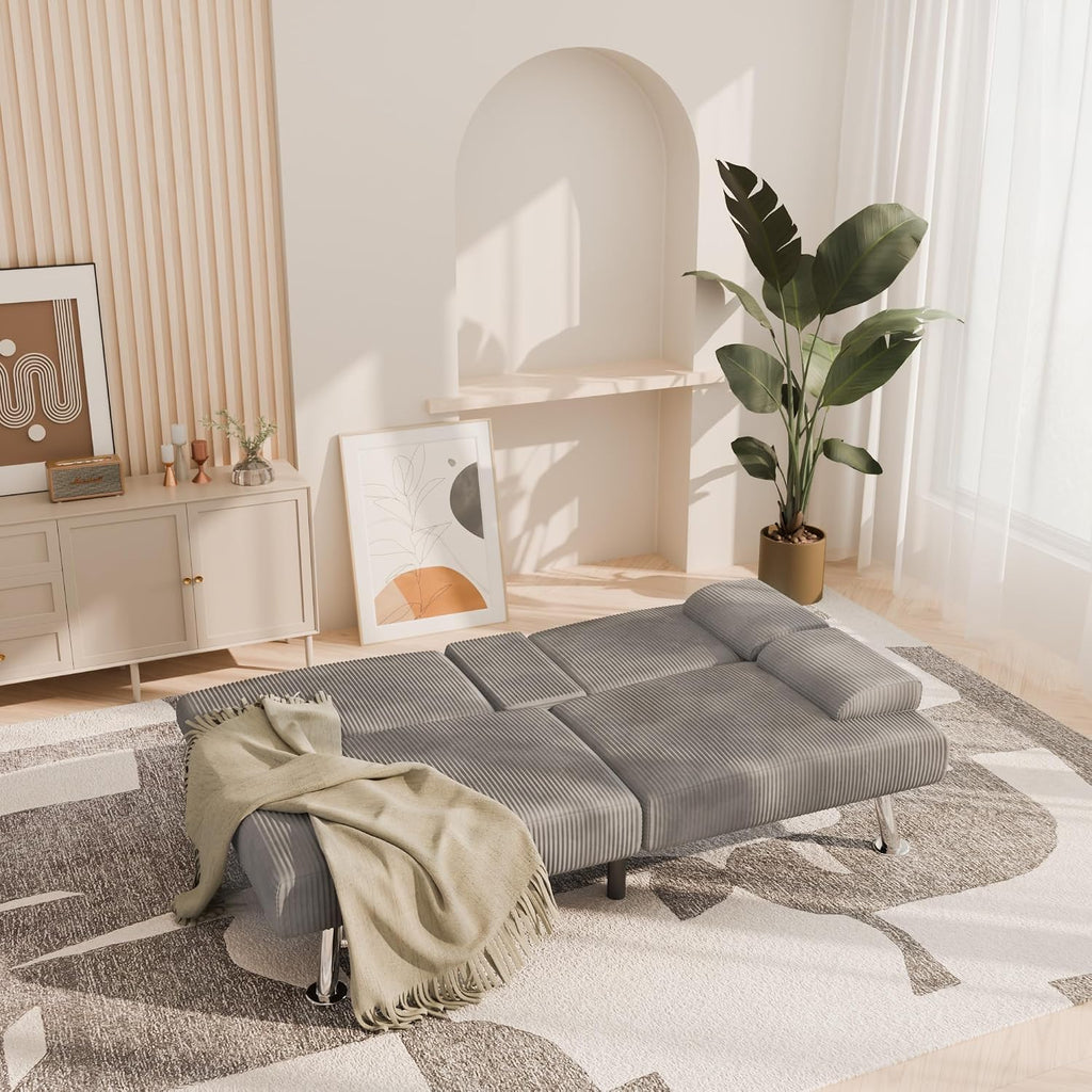 YESHOMY Futon Sofa Bed, Futon Couch with Adjustable Backrest, Convertible Sleeper Sofa with Removable Armrests, Loveseat in Corduroy with 2 Cup Holders for Living Room, Apartment (Grey)