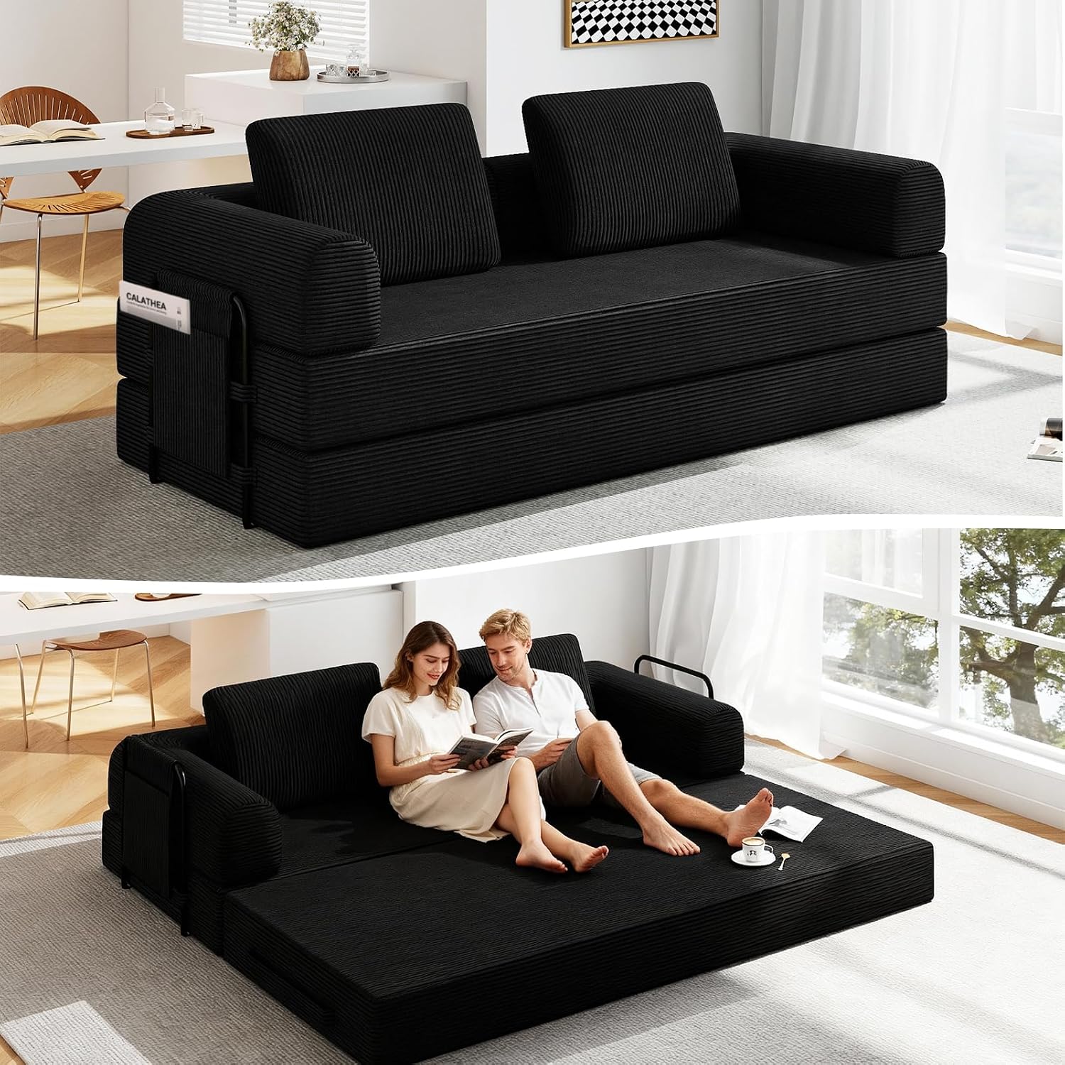 78'' Sleeper Couch Bed for Living Room, Convertible Modular Sofa with Fixed Frame and Side Pocket, Corduroy Futon Boneless Couches in a Box, No Assembly, Black