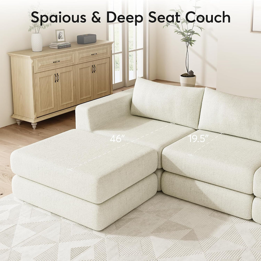 Chenille Modular Floor Sofa Bed, L Shaped Convertible Sleeper Couch with Memory Foam Cushions, Low Profile Sectional Sofa for Living Room, Apartment, Guest Room,Beige