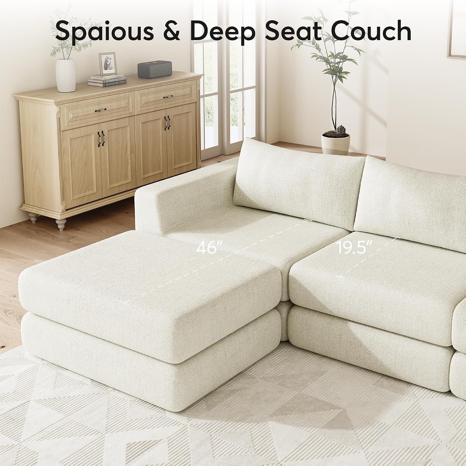 Chenille Modular Floor Sofa Bed, L Shaped Convertible Sleeper Couch with Memory Foam Cushions, Low Profile Sectional Sofa for Living Room, Apartment, Guest Room,Beige