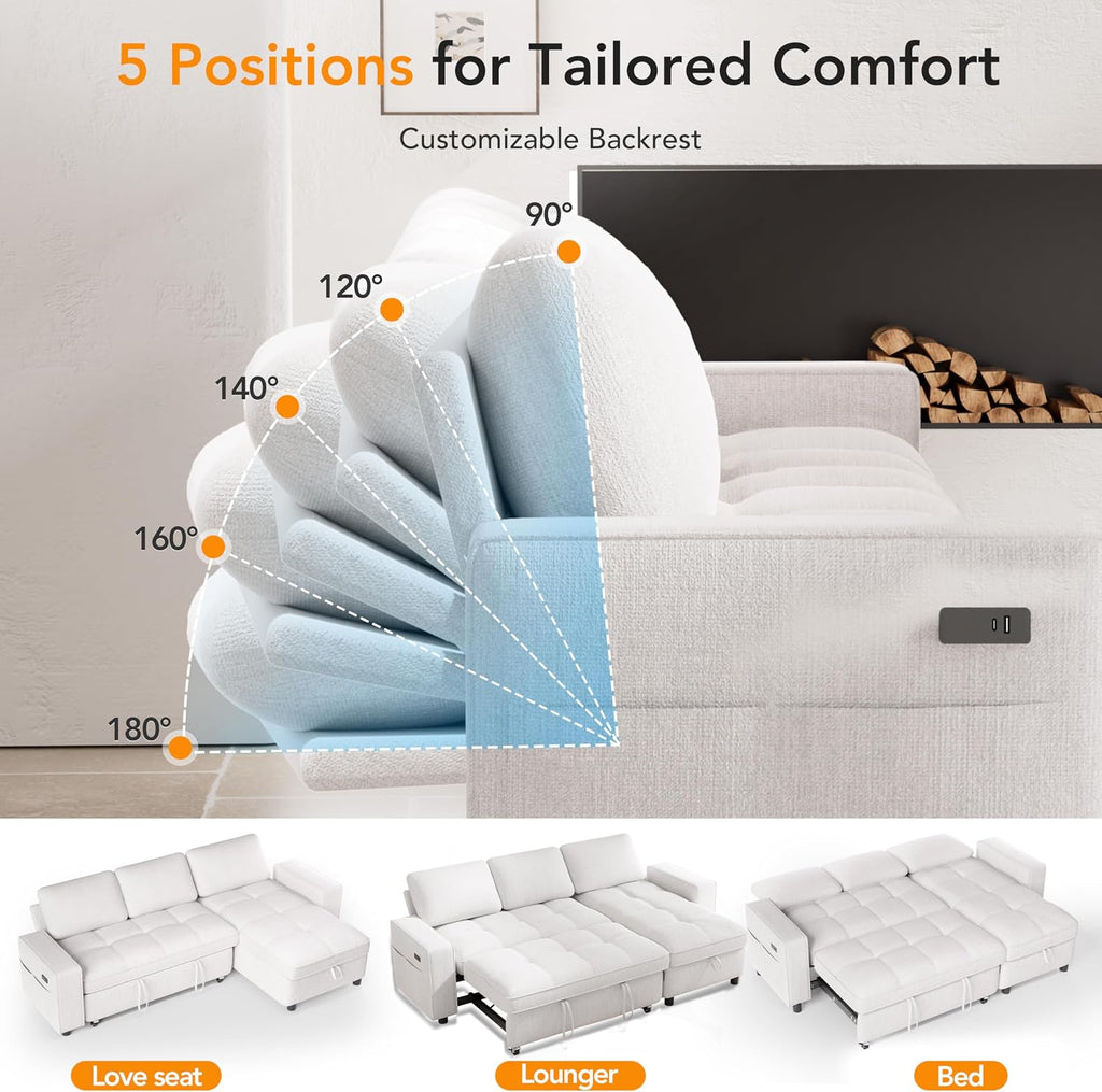 Vipbear 81' Sectional Sleeper Sofa with Pull Out Bed, L Shaped Sleeper Sofa, Pull Out Couch with Reclining Backrest, Reversible Storage Chaise, USB Ports, Tool-Free Assembly, Chenille Beige