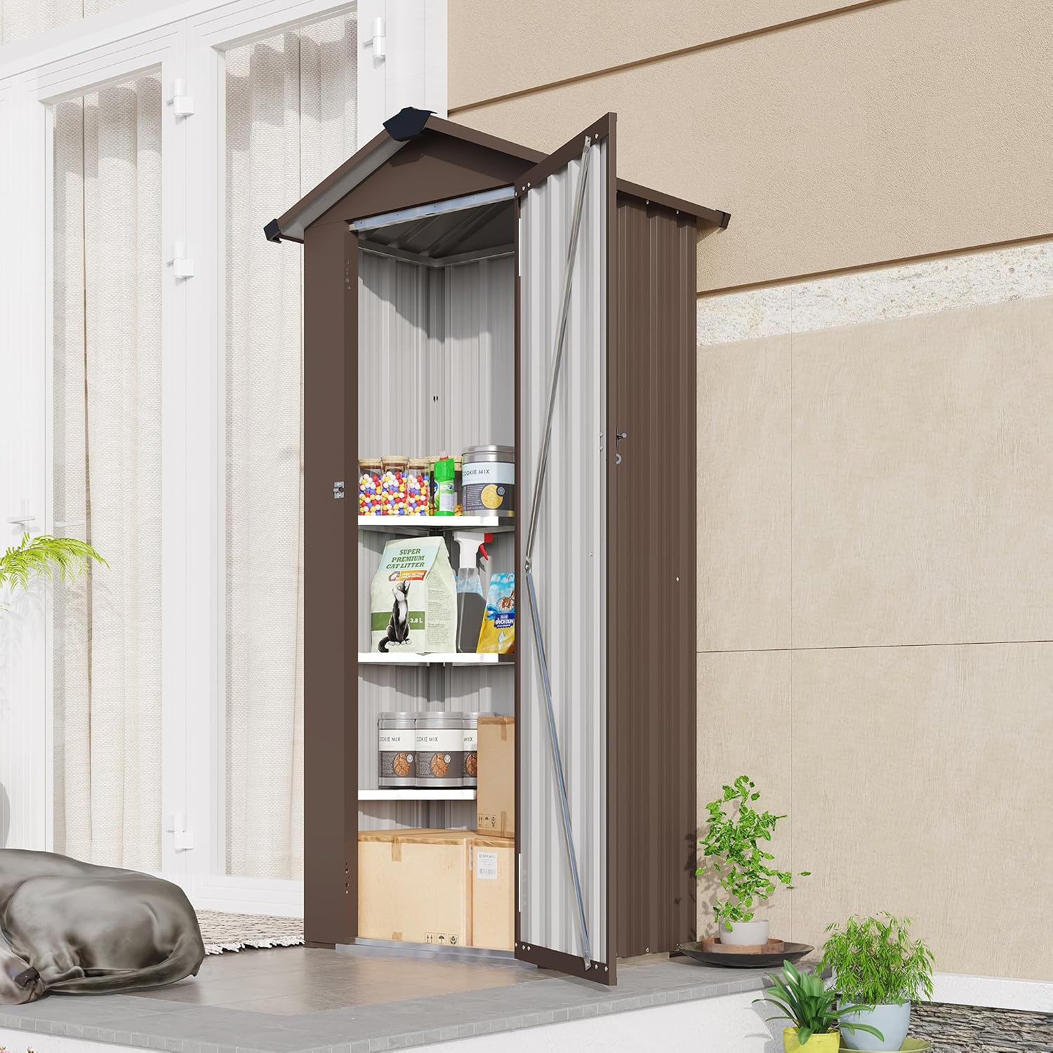 2.5x1.4 FT Outdoor Storage Shed, Small Metal Tool Shed with Waterproof Roof and Lockable Door, Garden Tool Sheds Storage Cabinet for Backyard Patio Lawn, Brown