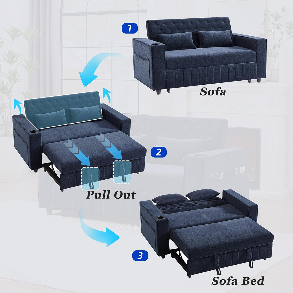 Merax 3 in 1 Convertible Sleeper Sofa Bed with Storage, Futon Couches for Living Room with USB Ports | CupHolder| Reversible Backrest | Pull Out Couch |Small Loveseat,Blue