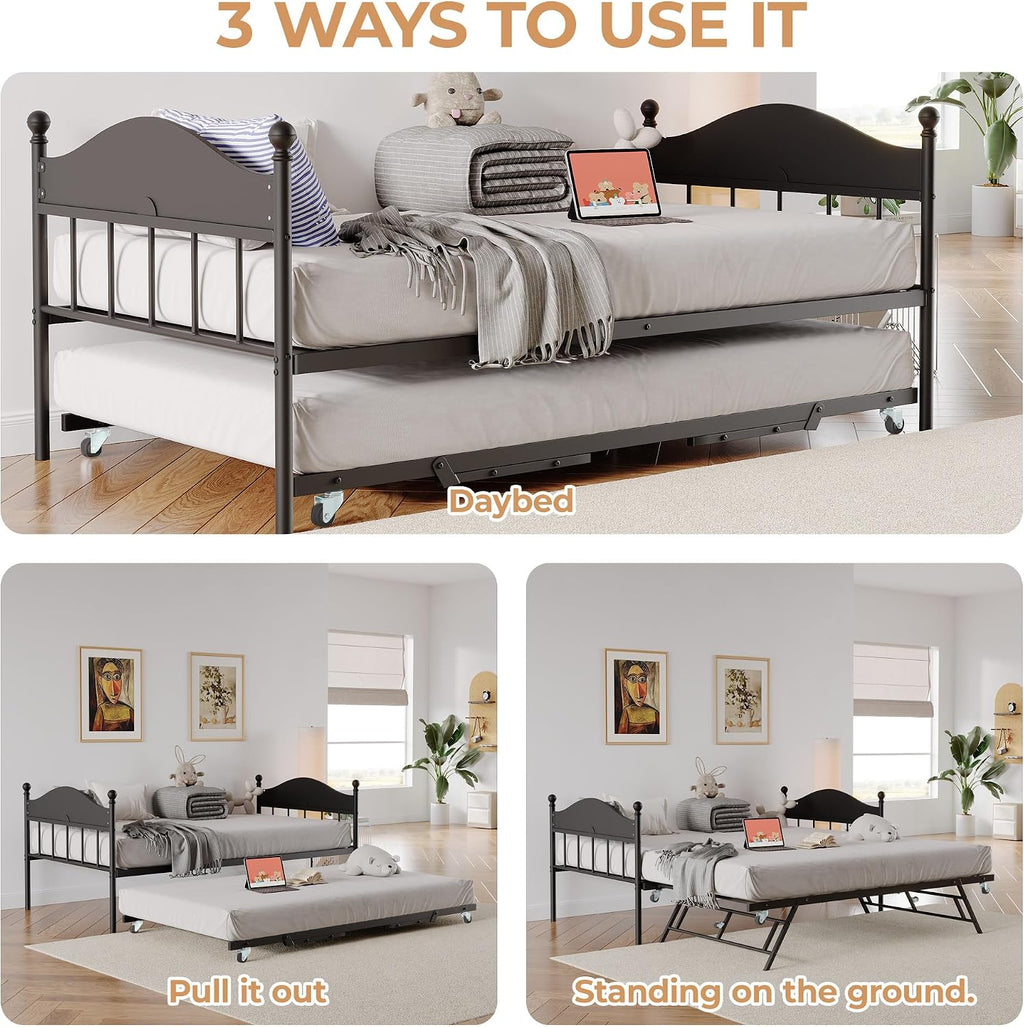 IDEALHOUSE Twin Metal Daybed with Pop-Up Trundle, Heavy Duty Steel Slats Platform Bed with Stylish Headboard, Convertible Sofa Bed Frame for Living Room, Bedroom, or Guest Room, Black