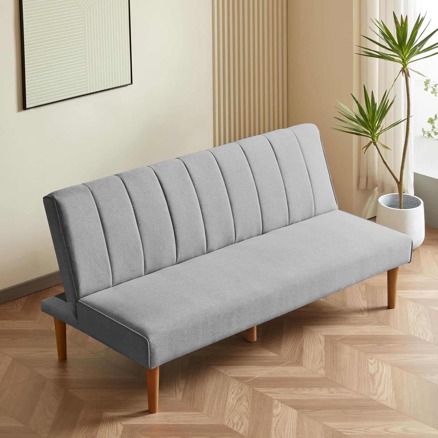 HomePop Upholstered Bergen Convertible Futon Sofa Bed, Modern Sofa Couches for Living Room, Small Spaces, Dorm, Apartment, Gray Woven