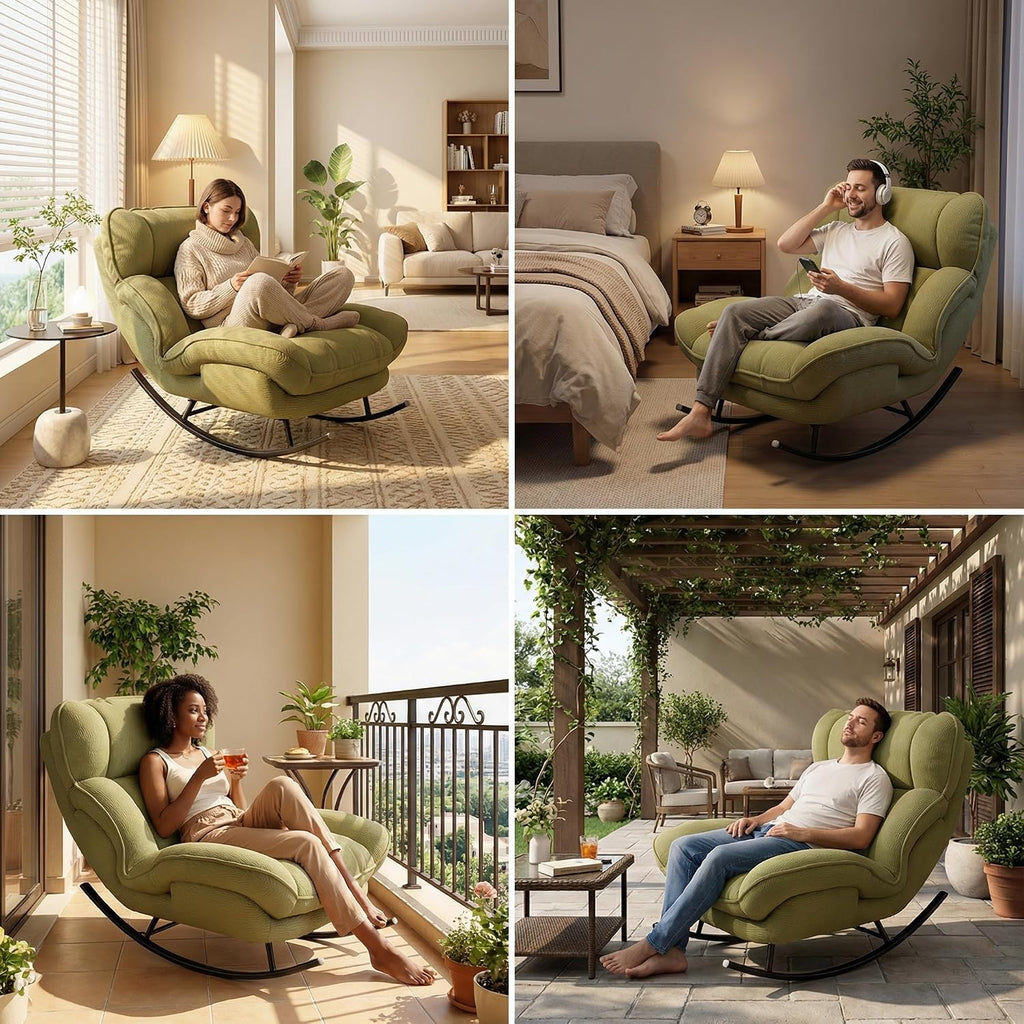 Sofa Rocking Chair Metal Frame with Adjustable Backrest Comfortable Decorative Chair Modern Ergonomic Sofa for Living Room Bedroom (Green)