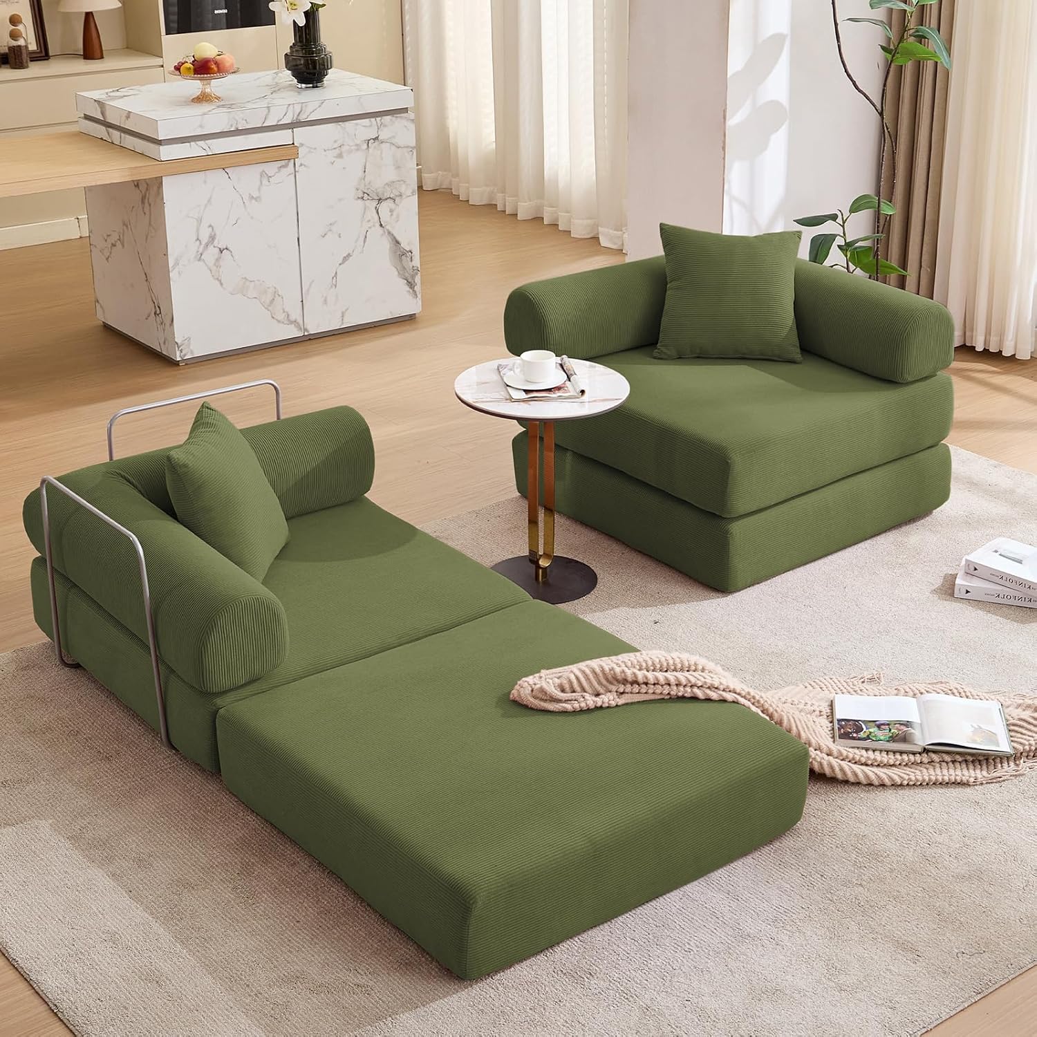 73' Convertible Modular Folding Sofa Bed, 5-in-1 DIY Combination Fold Out Sleeper Sofa Bed, Loveseat sleeper Couch with Removable Armrests, Corduroy Floor Couch, Small couches for small spaces, Green