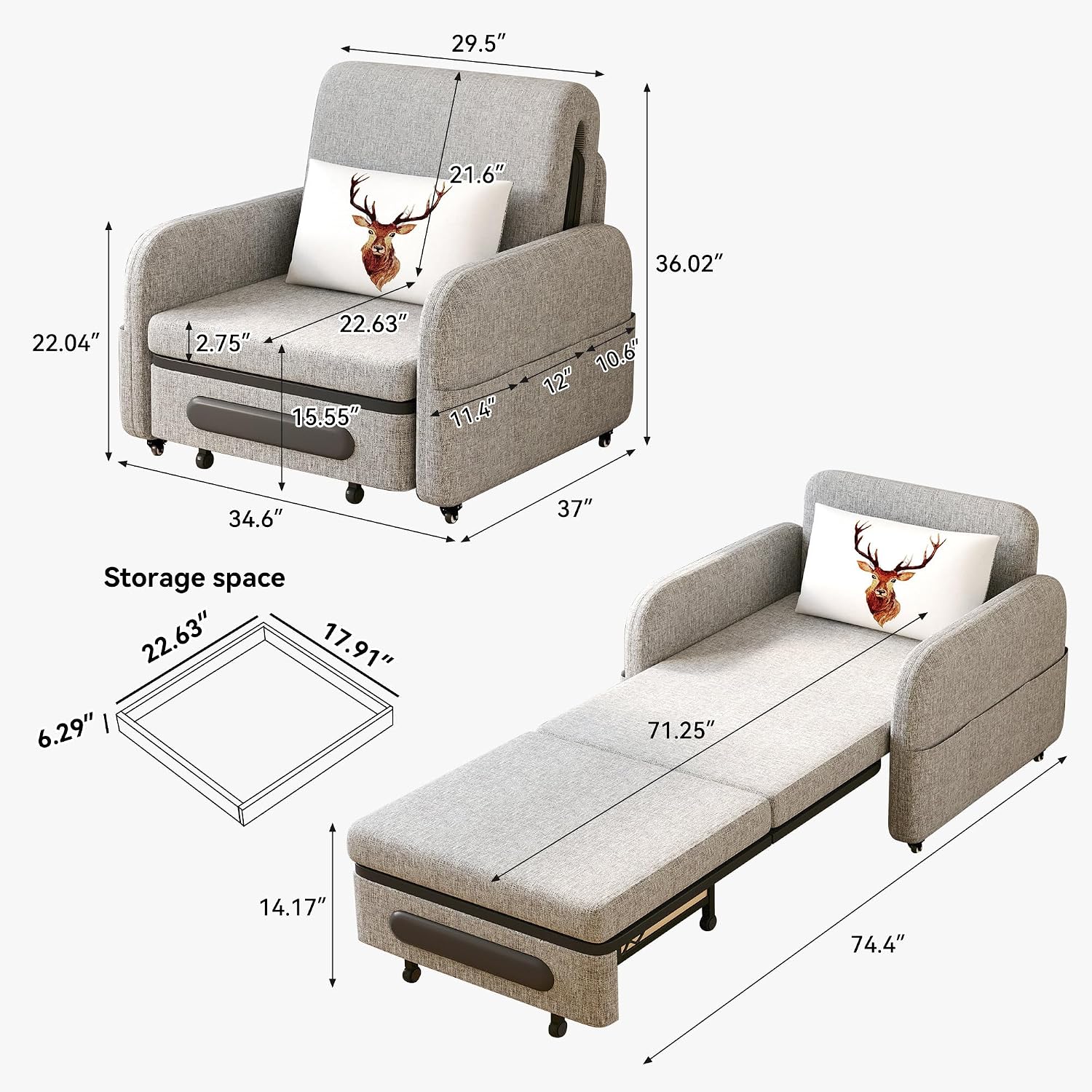 Extendable Sofa Bed zioSofa with Sleeping Function and Storage Space, Sofa Bed for Small Rooms and Living Rooms, Dark Grey and White (34.6'Gray)