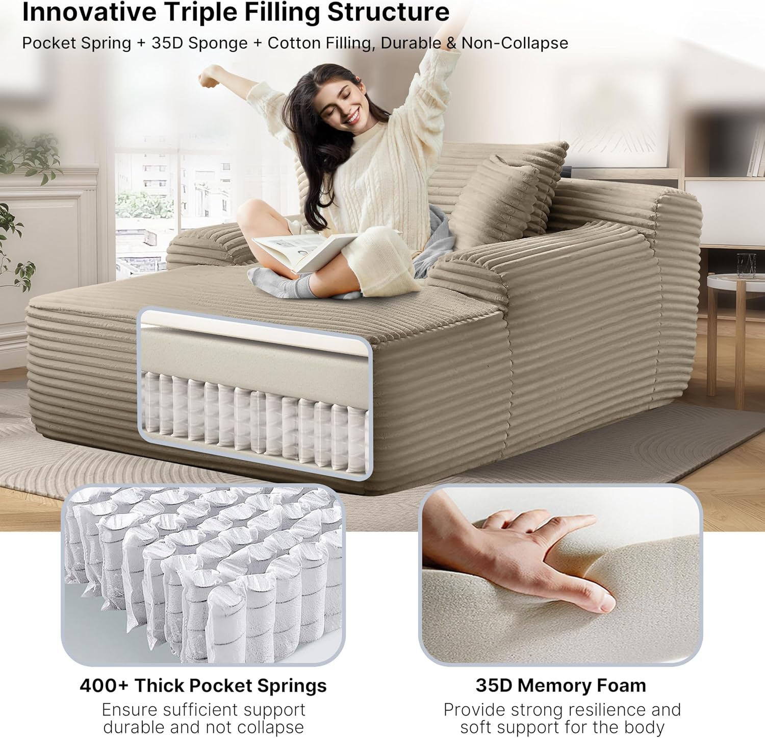 65'' Chaise Lounge Chair Indoor, Beige Plush Corduroy Cloud Couch, Fluffy Oversized Sofa Bed for Bedroom Living Room, Comfy Boneless Reading Longue Chair Sleeper Sofa No Assembly