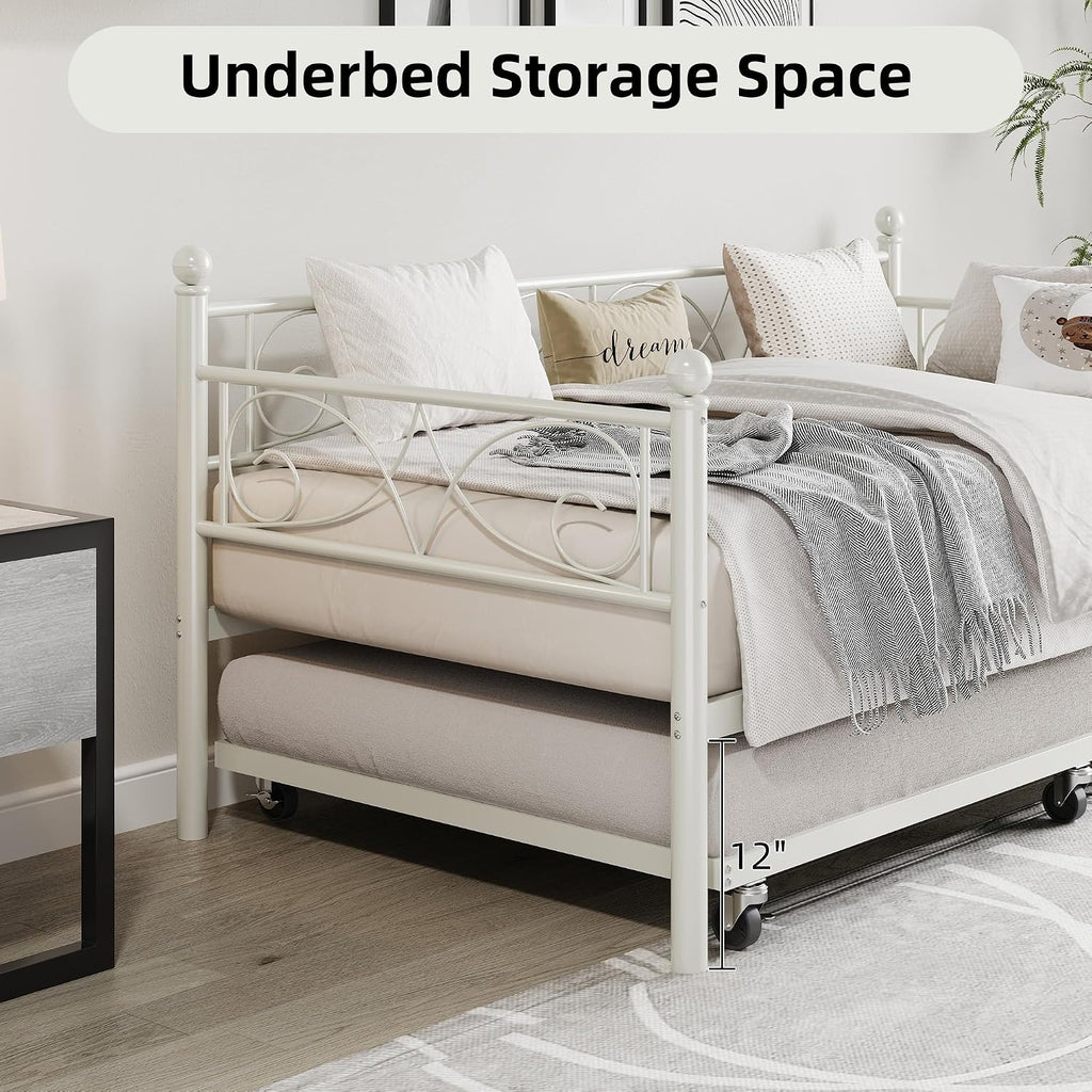 IDEALHOUSE Twin Daybed with Trundle, Metal Trundle Bed, Sofa Bed Frame, Heavy Duty Metal Slats, for Living Room, Bedroom, Guest Room, Space Saving, Modern White