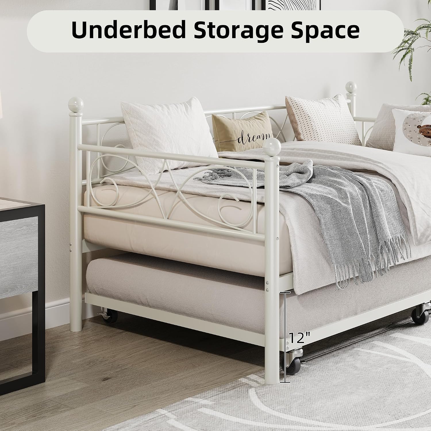 IDEALHOUSE Twin Daybed with Trundle, Metal Trundle Bed, Sofa Bed Frame, Heavy Duty Metal Slats, for Living Room, Bedroom, Guest Room, Space Saving, Modern White