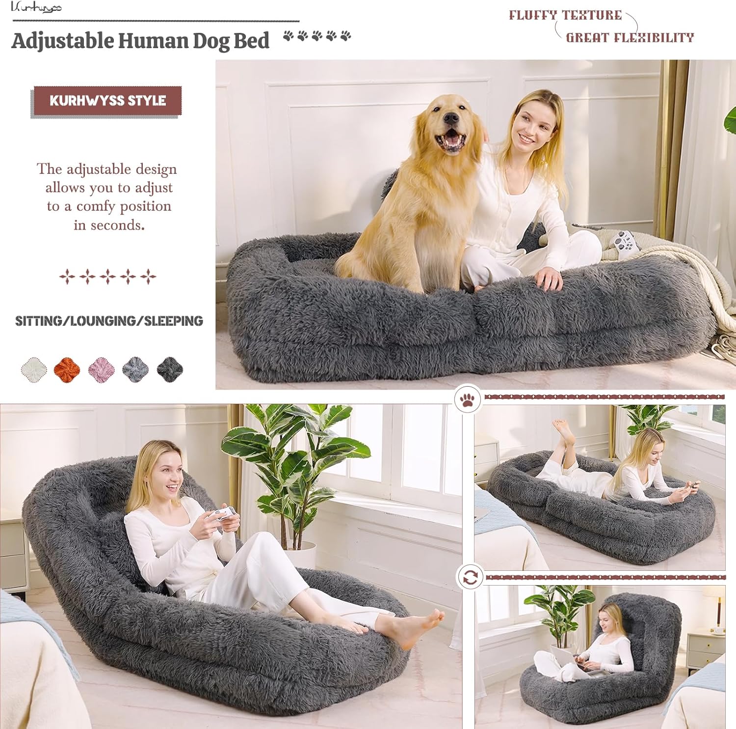 Upholstered Human Dog Bed for Adult & Pets, Convertible Lazy Sofa Bed with 5 Adjustable Position, Comfy Tatami Bean Bag Lounge Chair with a Soft Pillow for Bedroom Living Room (Dark Gray Fluffy)