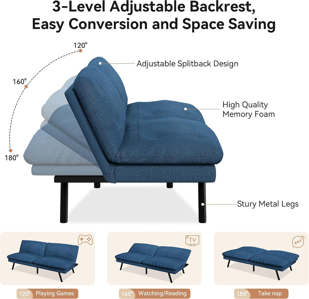 Futon Sofa Bed Convertible Couch, Blue Linen Sofa Bed with Adjustable Backrest, Multifunctional Small Loveseat Sleeper Sofa for Living Room, Apartment, Office