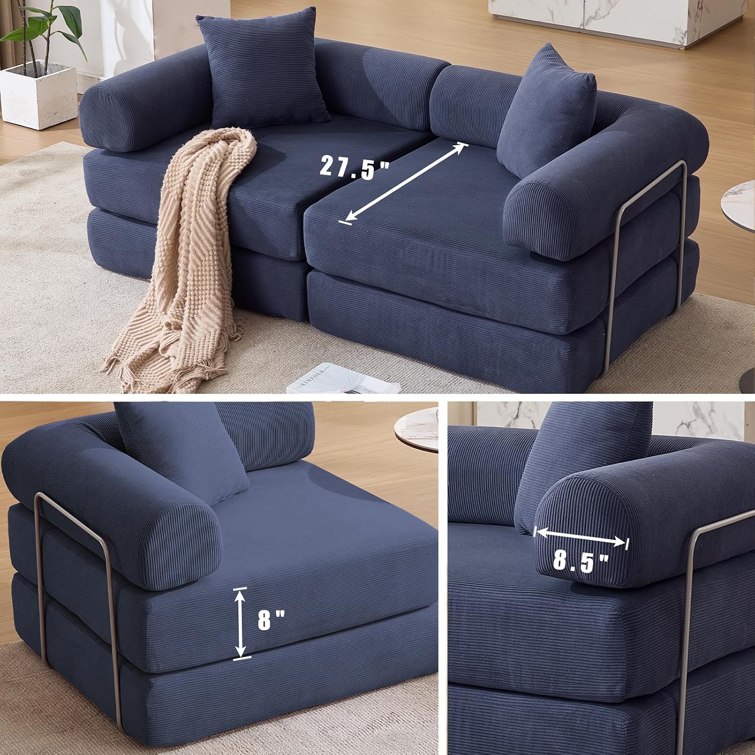 73' Convertible Modular Folding Sofa Bed, 5-in-1 DIY Combination Fold Out Sleeper Sofa Bed, Loveseat sleeper Couch with Removable Armrests, Corduroy Floor Couch, Small couches for small spaces, Blue