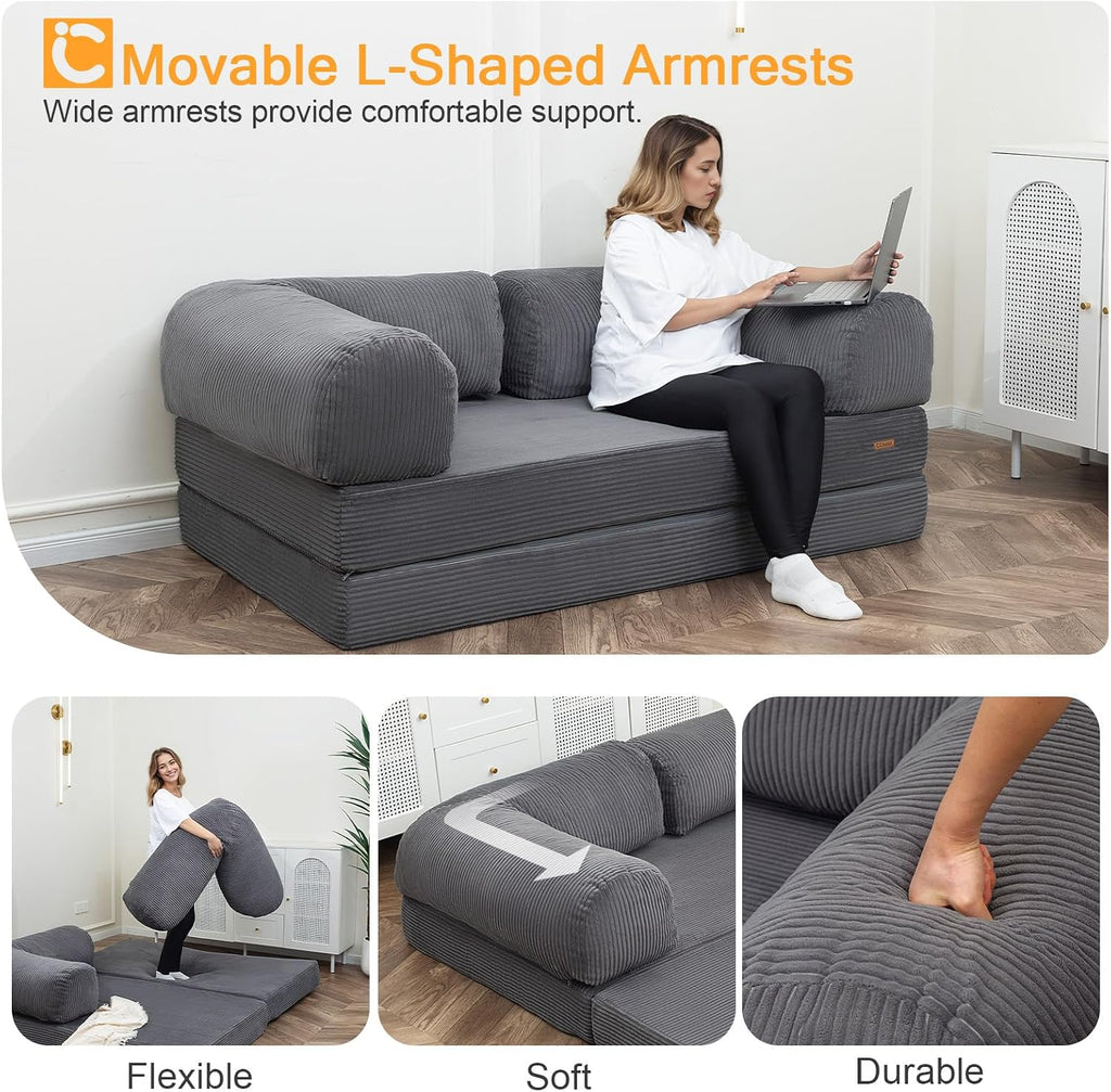 COMAX Futon Sofa Bed, 4-in-1 Floor Foldable Sofa Couch Bed Queen with L-Shaped Armrests, Convertible Folding Chair Bed Sleeper Mattress Fold Out Comfy Lounge for Living Room Bedroom, Grey