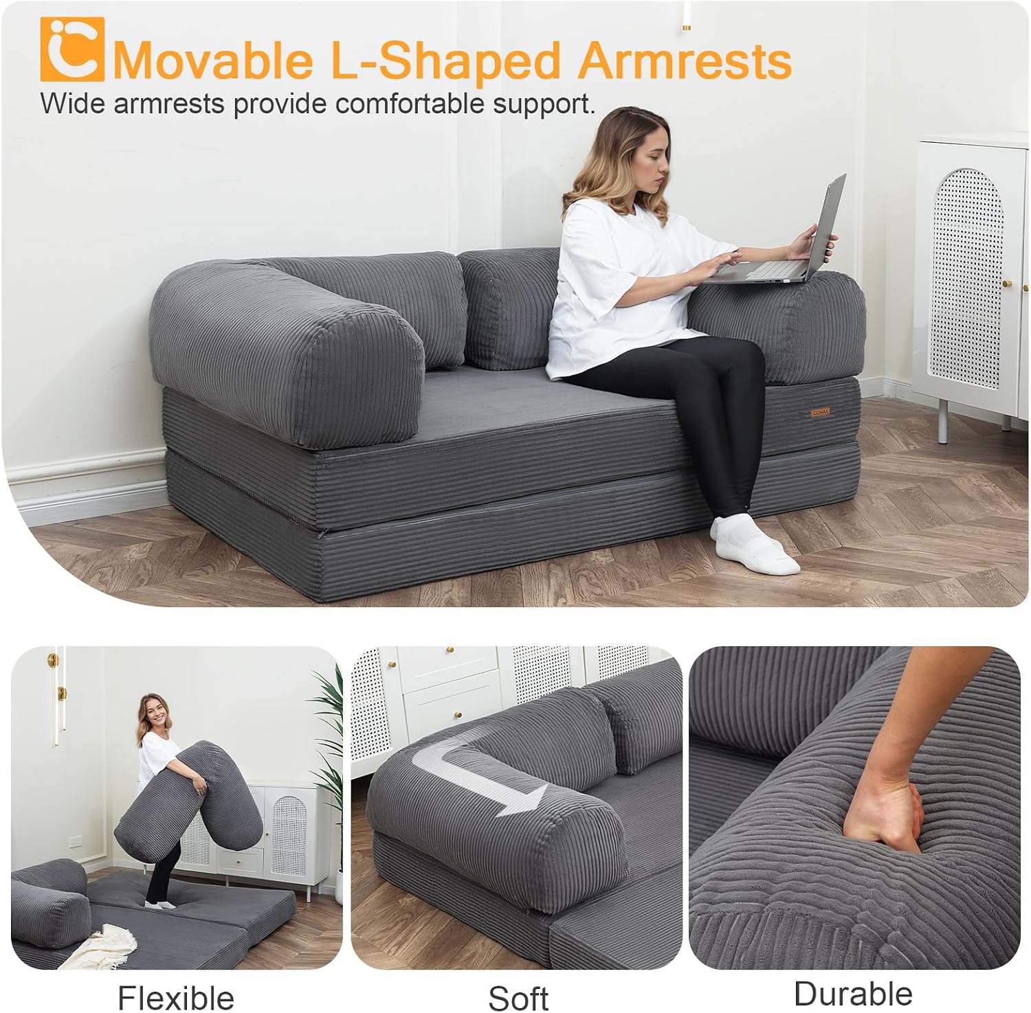COMAX Futon Sofa Bed, 4-in-1 Floor Foldable Sofa Couch Bed Queen with L-Shaped Armrests, Convertible Folding Chair Bed Sleeper Mattress Fold Out Comfy Lounge for Living Room Bedroom, Grey