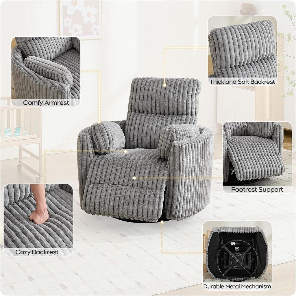 Power Nursery Rocking Chair Swivel Glider Reclining Chairs with 2 Pillows, Nursery Glider Rocking Recliner with Type-C & USB Charger Port, Corduroy Upholstery Armchair for Living Room/ Light Grey