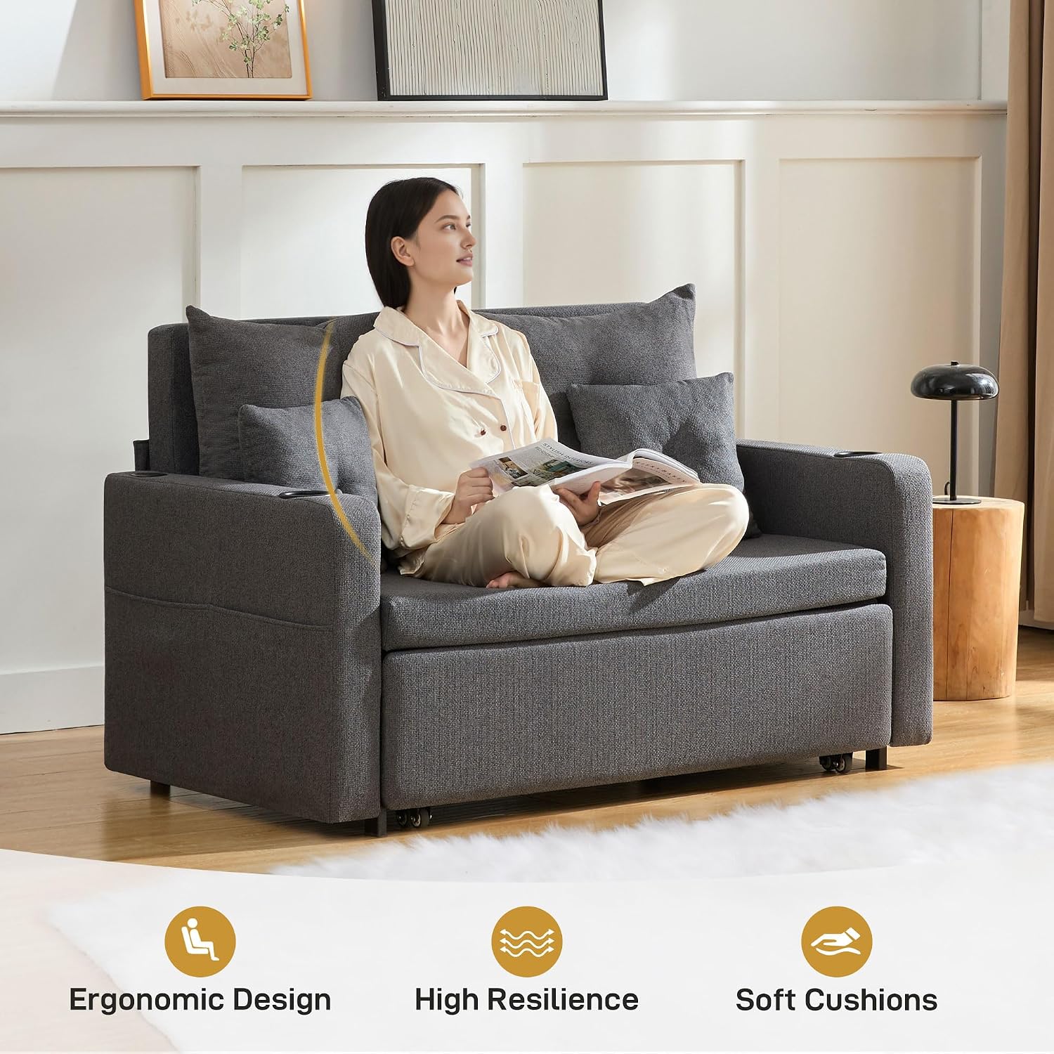 Busaurus 3 in 1 Convertible Sofa Bed, 56' Full Size Loveseat Sleeper Sofa Couch Bed, Sleeper Sofa Bed with Storage Pocket, USB, Comfy Pull Out Sofa Bed for Living Room, Bedroom, Small Space, Dark Grey