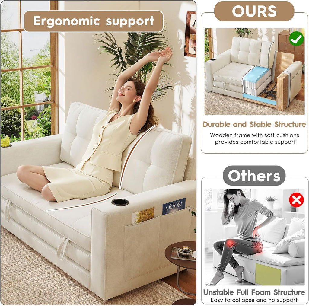 55' Convertible Folding Sofa Bed, Pull Out Couch Love Seat Sleeper Bed, Small Fold Out Loveseat sleeper with Cup Holder and Pillow for Small Space, Bedroom Lounge, Dorm, Living Room(Beige Chenille)