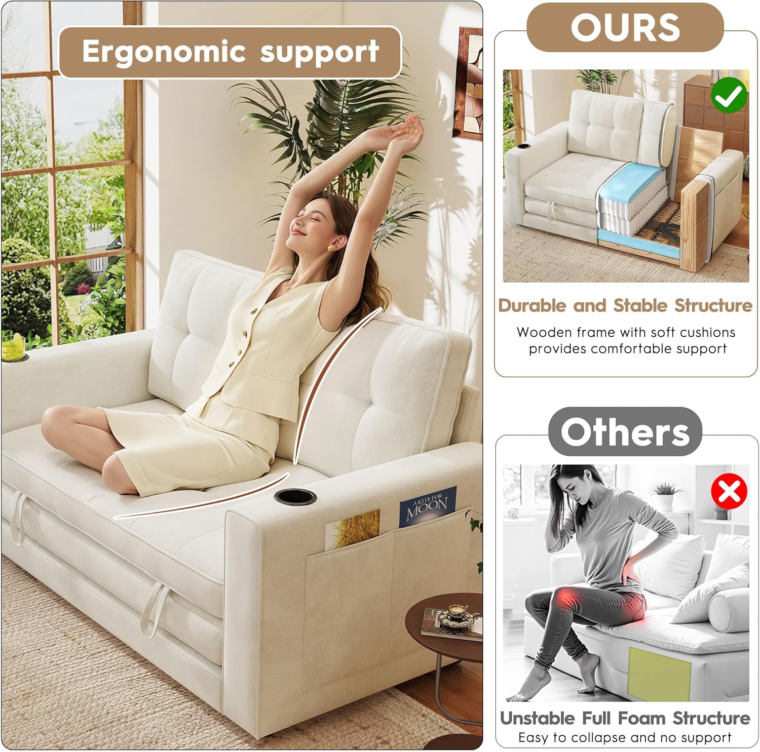 55' Convertible Folding Sofa Bed, Pull Out Couch Love Seat Sleeper Bed, Small Fold Out Loveseat sleeper with Cup Holder and Pillow for Small Space, Bedroom Lounge, Dorm, Living Room(Beige Chenille)