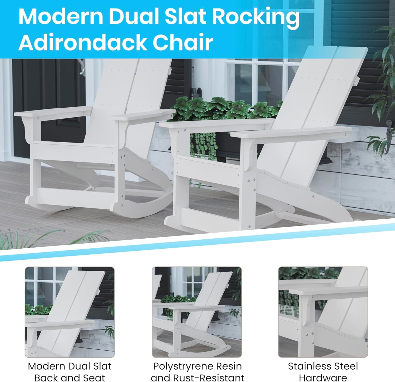 EMMA + OLIVER Harmon Adirondack Rocking Chair - White Poly Resin - Suitable for Indoor/Outdoor Use - All Weather Materials - Easy Assembly - 350 lb. Weight Capacity