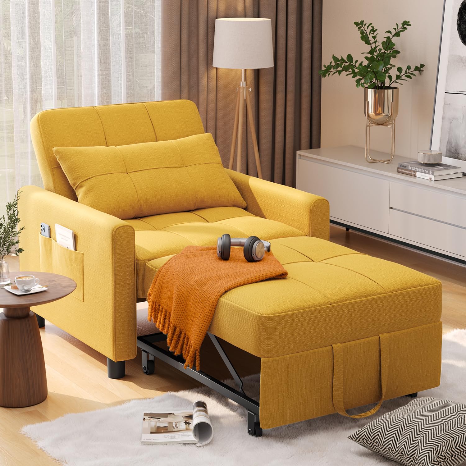 Aiho Convertible Sleeper Sofa Chair Bed, 3-in-1 Adjustable with Pillow & Pocket - Multi-Functional in Modern Linen Fabric for Apartment, Yellow
